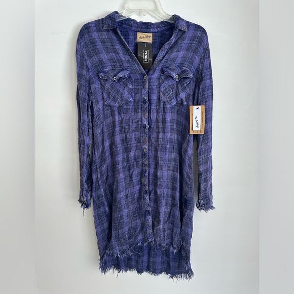 Nu Vintage women’s medium purple art plaid long flannel button up shirt - Picture 2 of 7